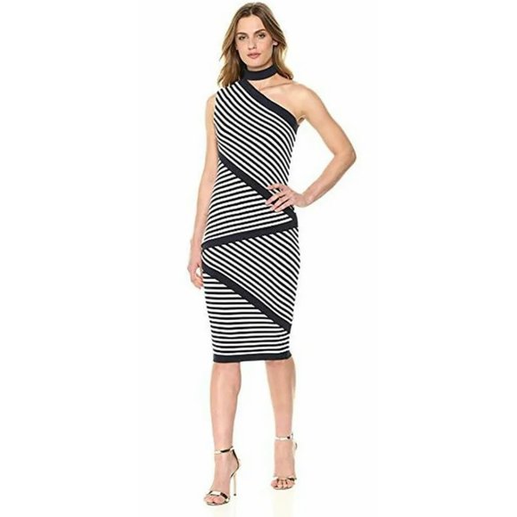 Bailey 44 Climbing Vine Asymmetric Choker Sleeveless‎ Criss Cross Stripe Dress S - Picture 1 of 12